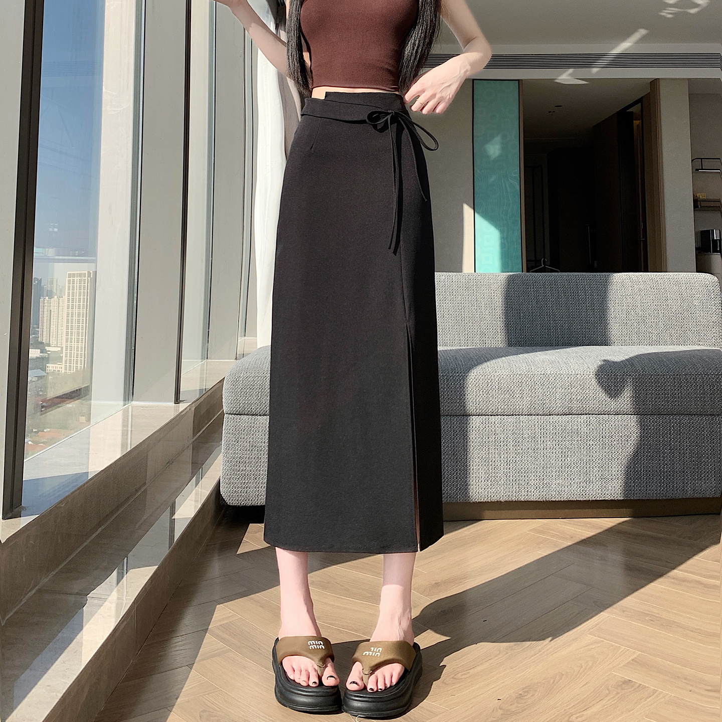 實拍復古職業半身裙女高腰顯瘦中長款裙子開叉包臀直筒裙一步裙