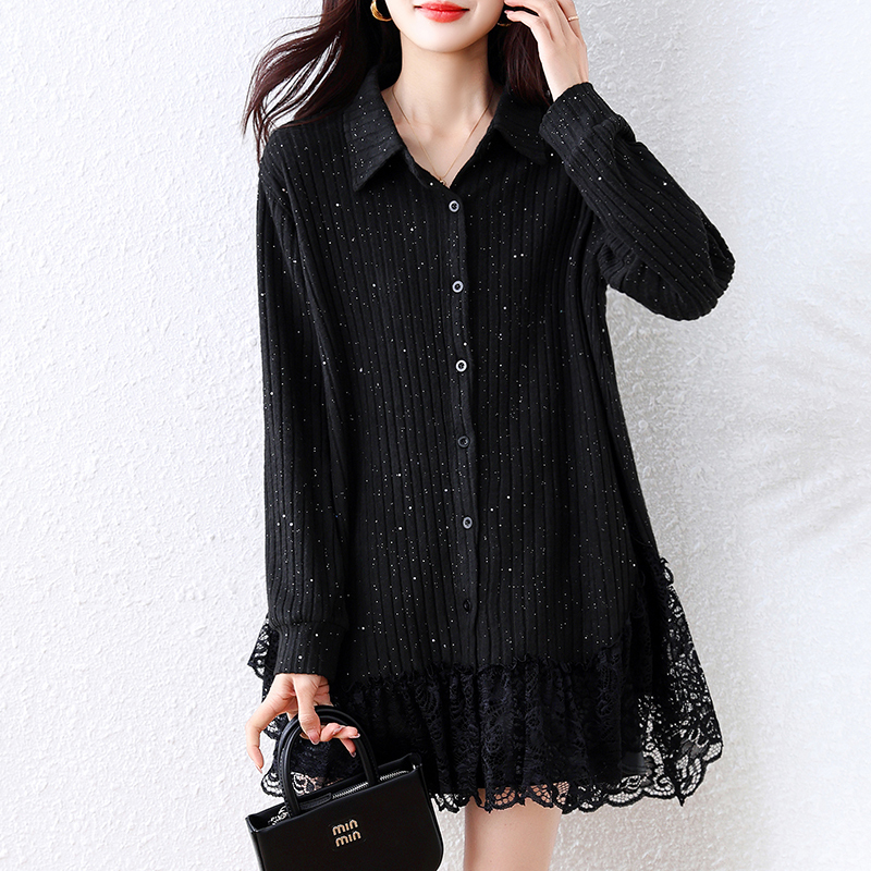 MY15933# 大码衬衣胖MM设计感下摆蕾丝针织开衫显瘦百搭上衣女女裝貨源服裝批發