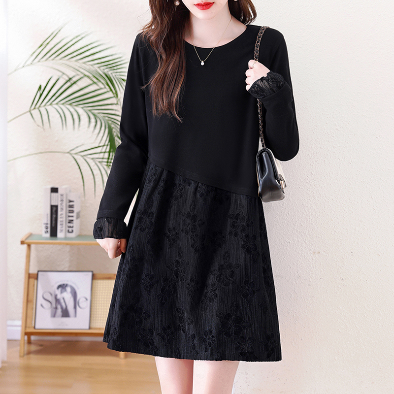 MY15932# 大码女装新款时尚百搭蕾丝设计拼接显瘦微弹连衣裙女裝貨源服裝批發