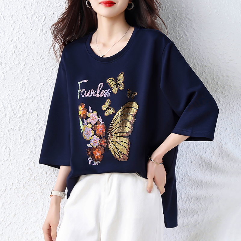 RY2610# 实拍大码女装2026夏季新款洋气圆领烫钻短袖T恤欧货新款宽...