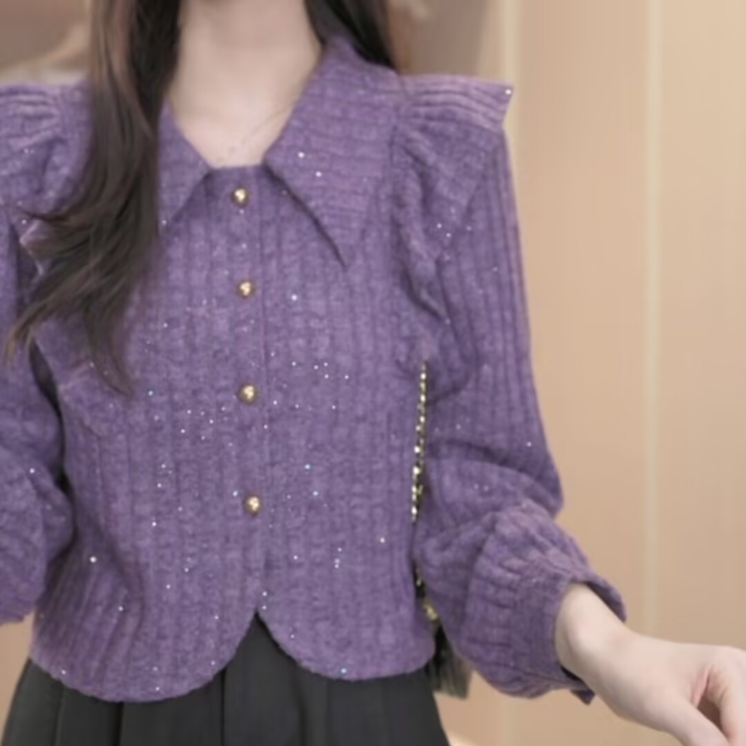 MY15654# 法式温柔时尚荷叶边polo领长袖衬衫新款小香风百搭上衣女裝貨源服裝批發