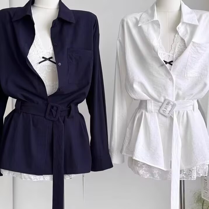 MY15651# 纯欲风穿搭衬衫翻领收腰显瘦衬衫裙绑带时尚辣妹上衣女女裝貨源服裝批發