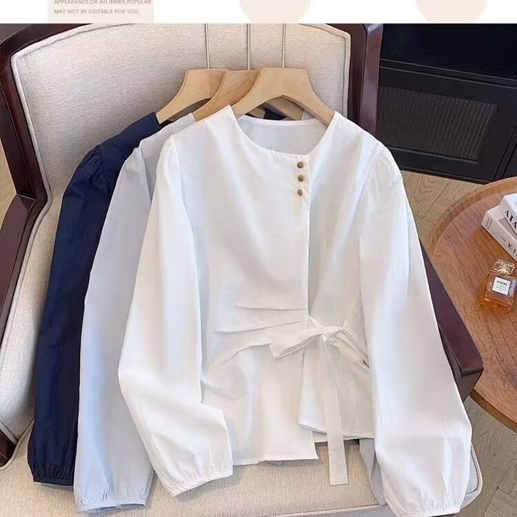 MY15647# 韩系气质长袖衬衫女春秋蝴蝶结绑带别致衬衣不规则设计独特上衣女裝貨源服裝批發