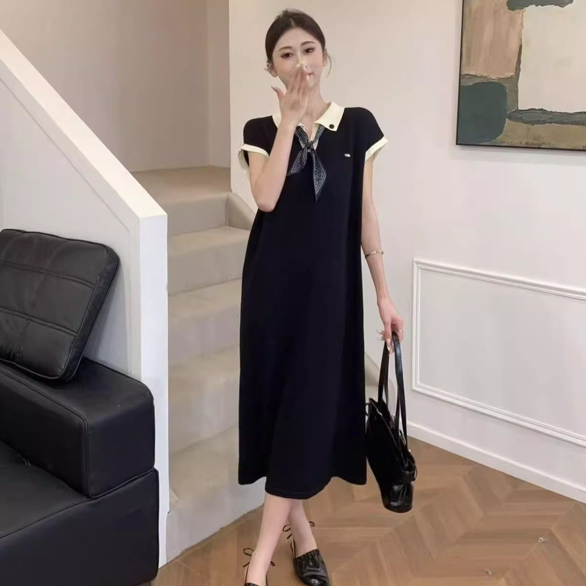 MY70209# 韩版胖mm小个子长裙子高级感撞色Polo领短袖连衣裙女女...