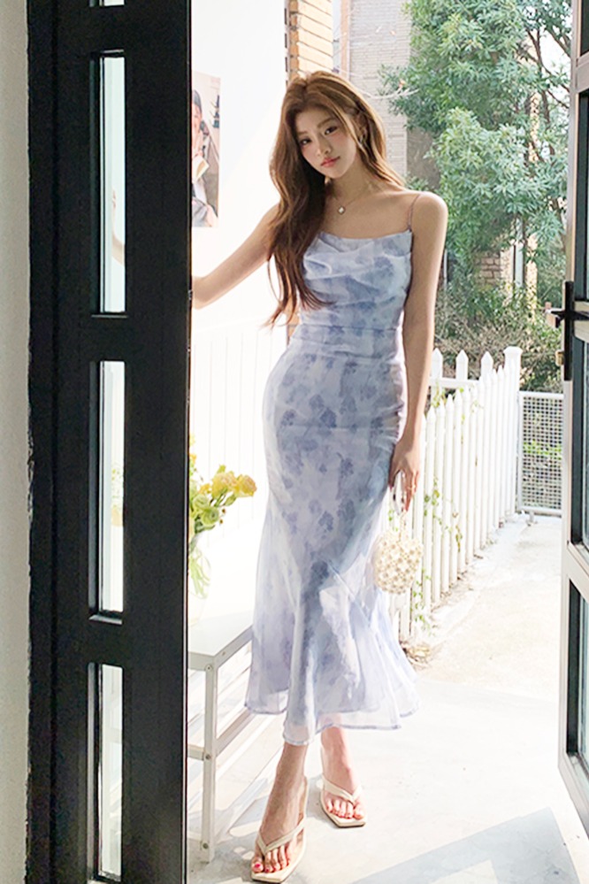 實拍2026春夏新款仲夏夜浪漫藍蕩領露背設計女神長裙雪紡連衣裙女