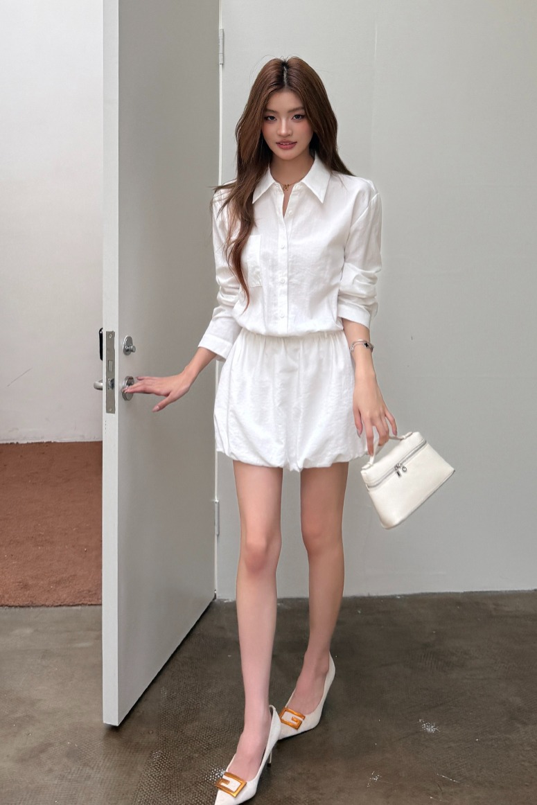實拍2026春裝新款山茶白茉莉極簡襯衫連衣裙女休閑氣質花苞裙短裙