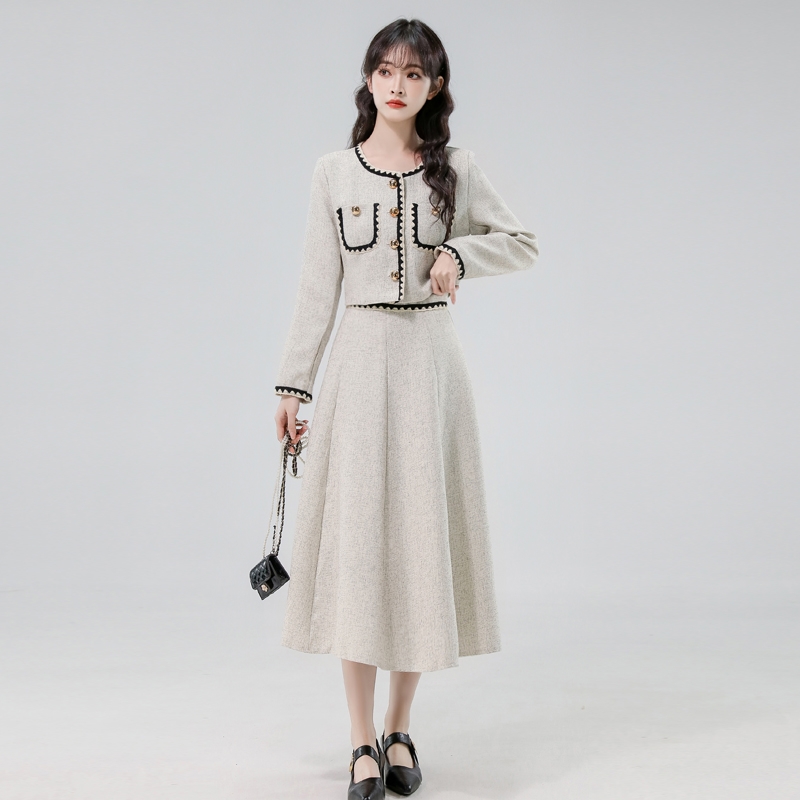 MY14444# 新款韩系小香风两件套高级感撞色时尚外套+高腰半裙套装女裝...