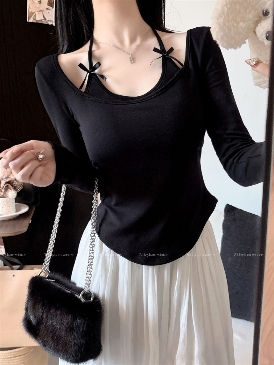 MY13859# 女裝貨源新款假两件挂脖T恤甜辣妹磨毛带胸垫长袖上女裝貨源...