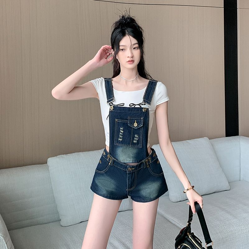 MY8770# 辣妹水洗破洞牛仔背带短裤女夏季修身显瘦可拆卸吊带裤女裝貨源...