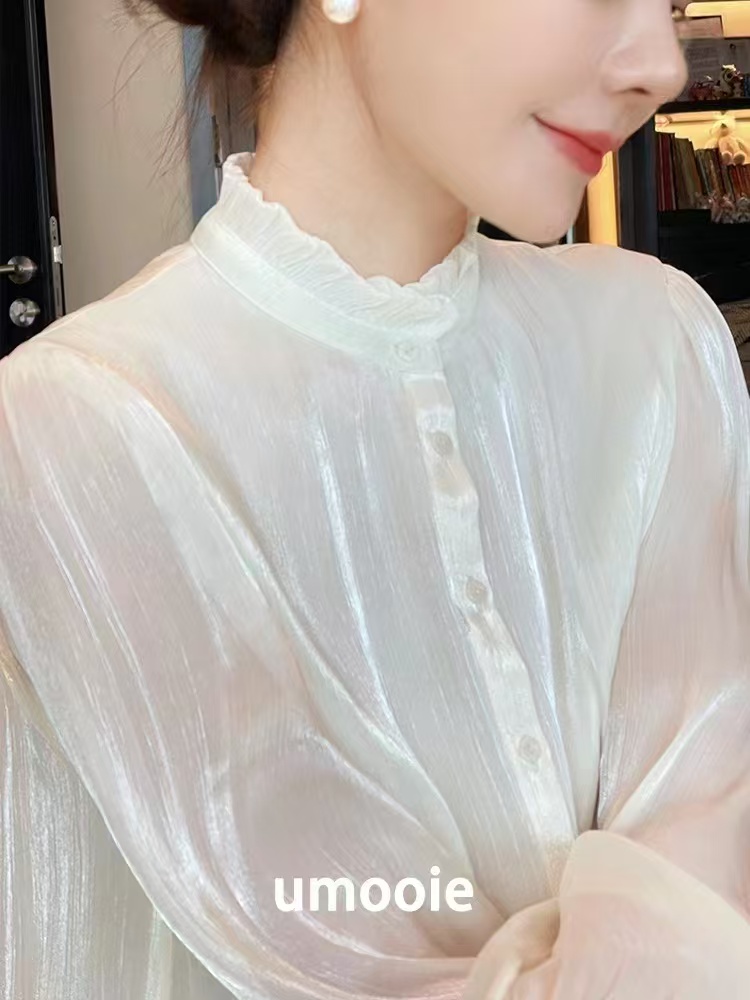 早秋高級感法式白色優雅小衫女設計感泡泡袖上衣別致立領真絲襯衫