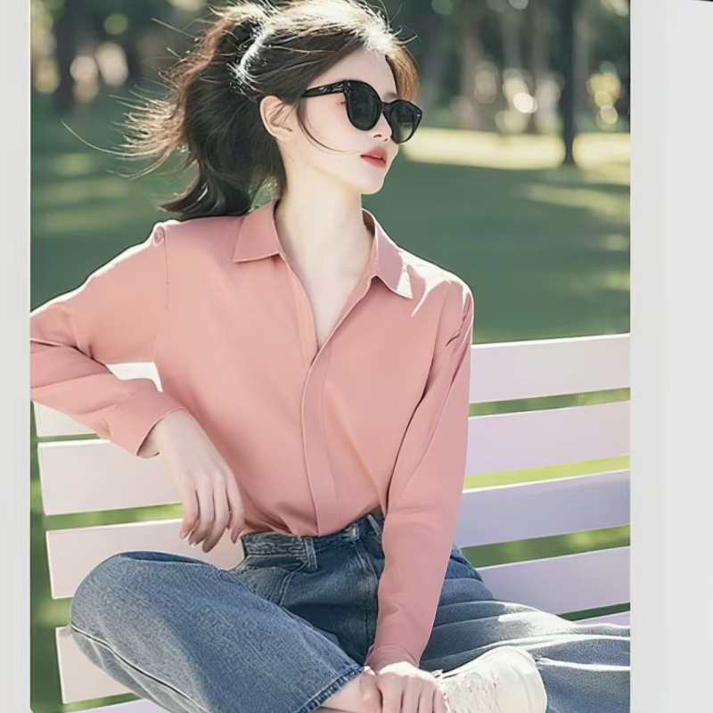早秋新款今年流行漂亮寬松遮肚子粉色雪紡襯衫長袖氣質女士小上衣