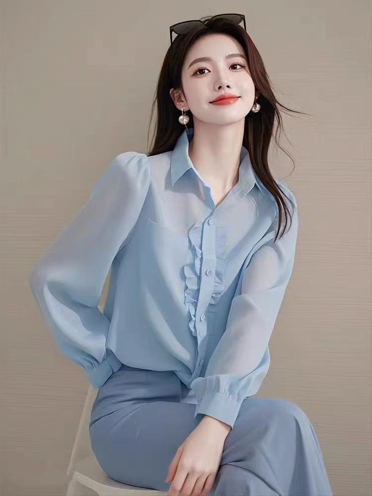 藍色長袖襯衫秋裝女款新款氣質小衫爆款法式高級感初秋上衣