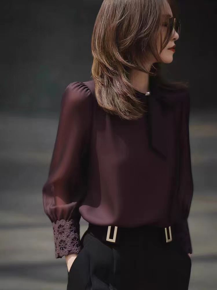 深紫色長袖襯衫上衣女2025秋新款高級感輕奢減齡洋氣重要場合小衫