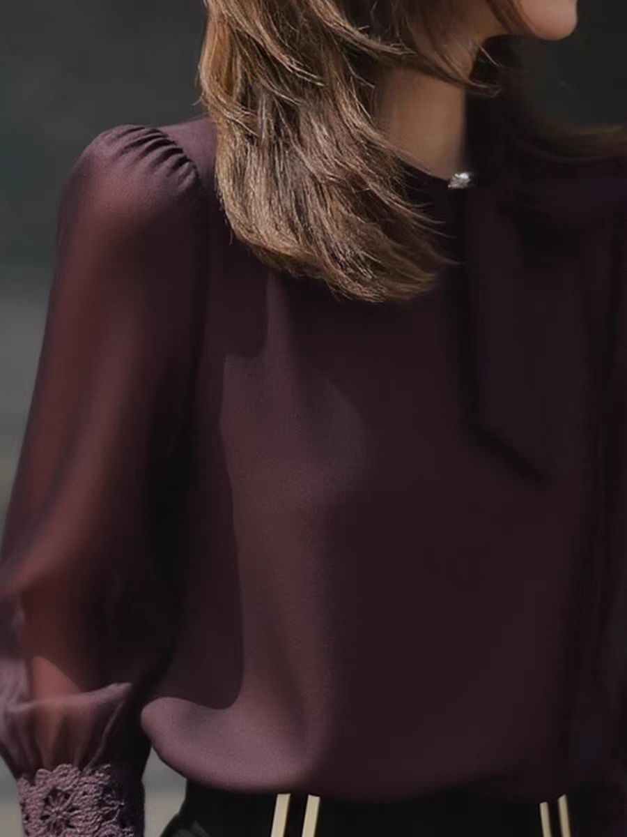 深紫色長袖襯衫上衣女2025秋新款高級感輕奢減齡洋氣重要場合小衫