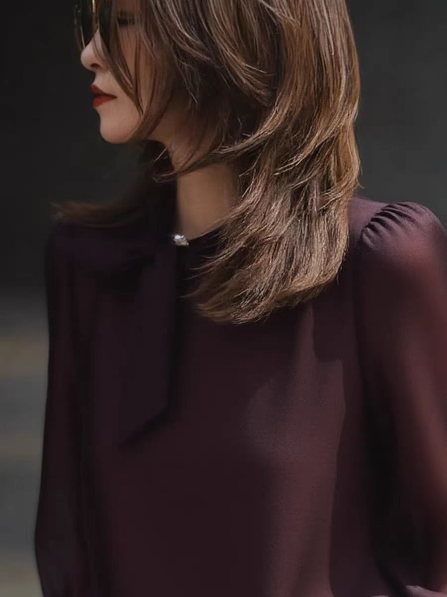 深紫色長袖襯衫上衣女2025秋新款高級感輕奢減齡洋氣重要場合小衫