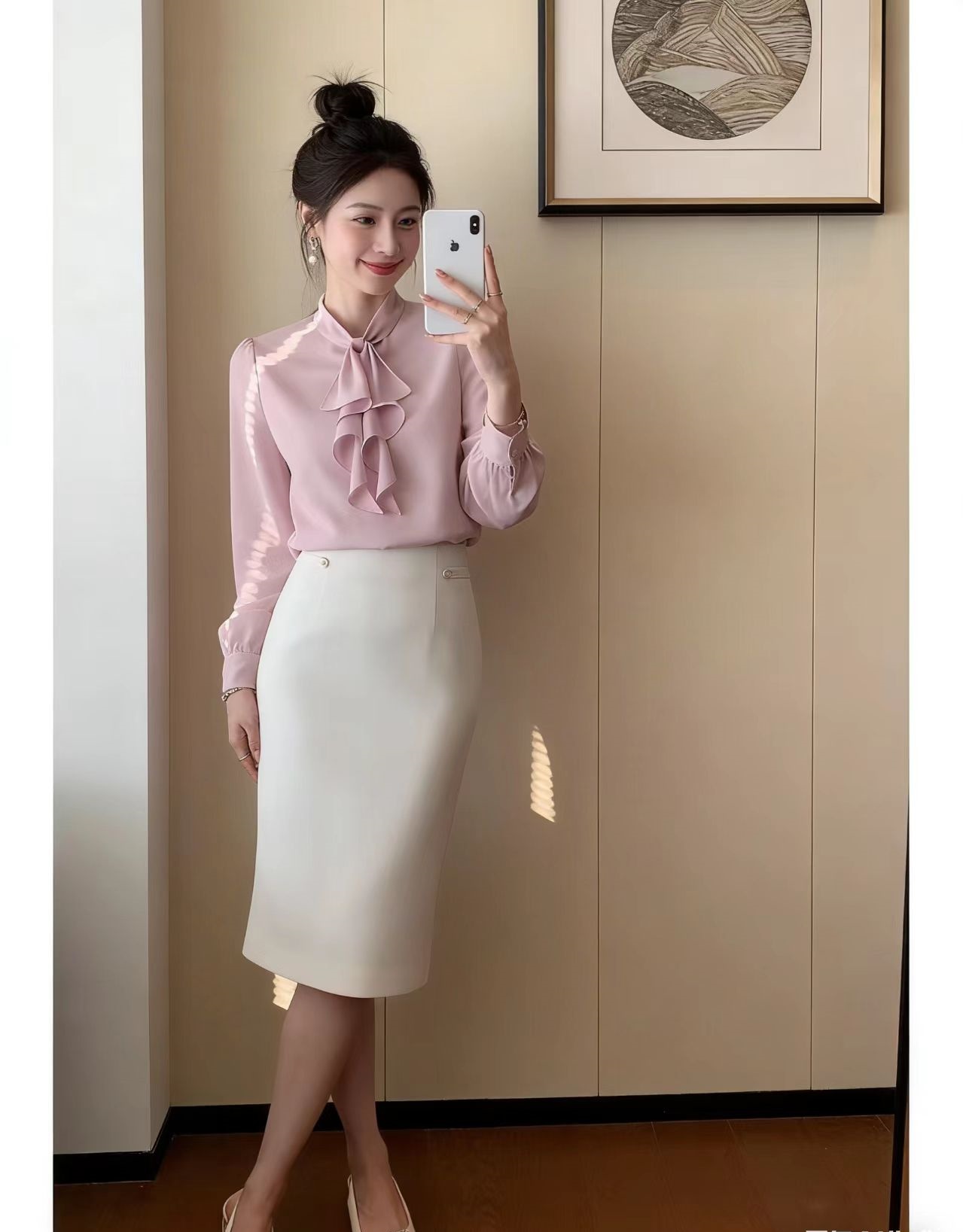 知性優雅風上班族本命提花肌理巨顯溫柔的飄帶領結上衣
