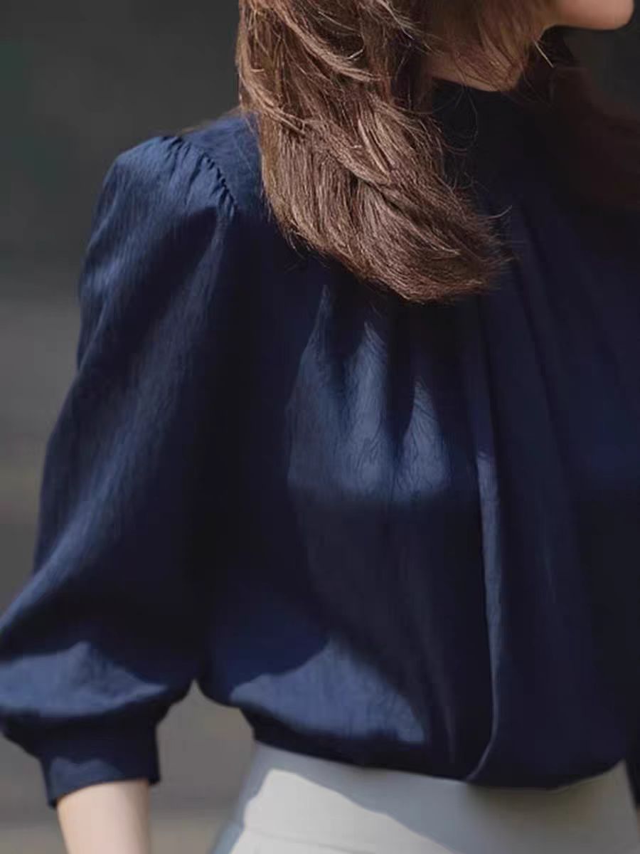 法式霧藍色半高領收褶襯衫2025秋季新款減齡洋氣氣質女士上衣
