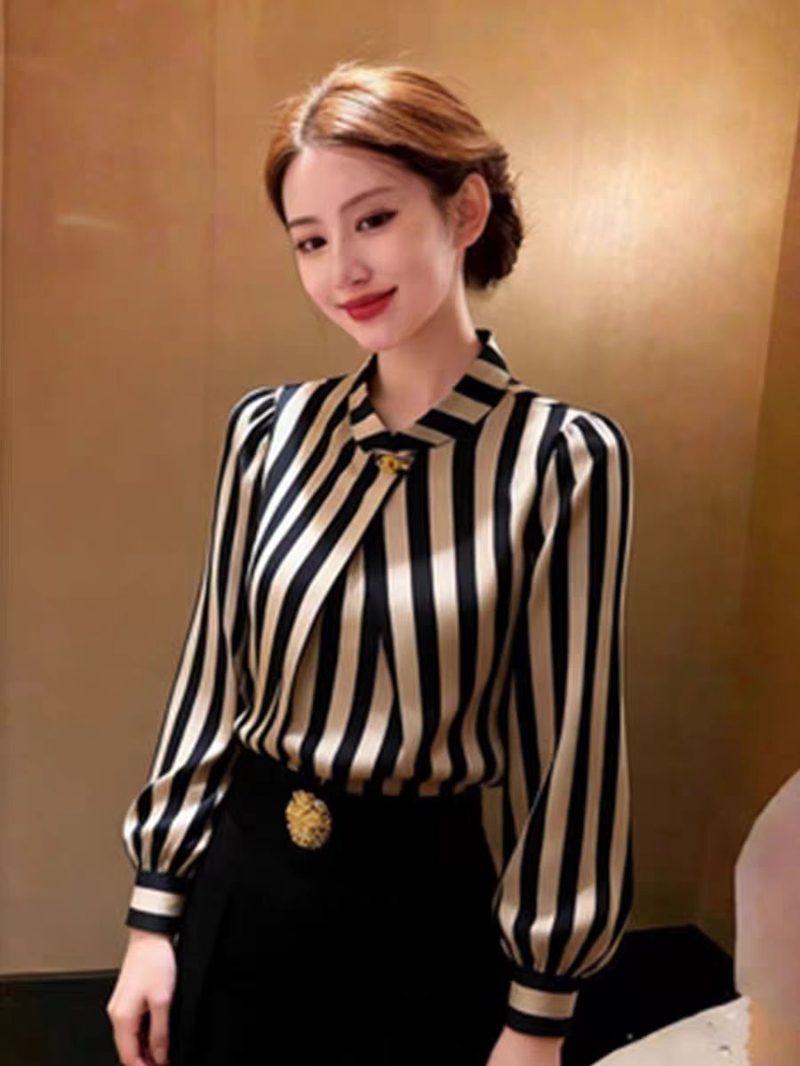 2026新款高級感氣質通勤長袖立領金屬扣條紋襯衫上衣女
