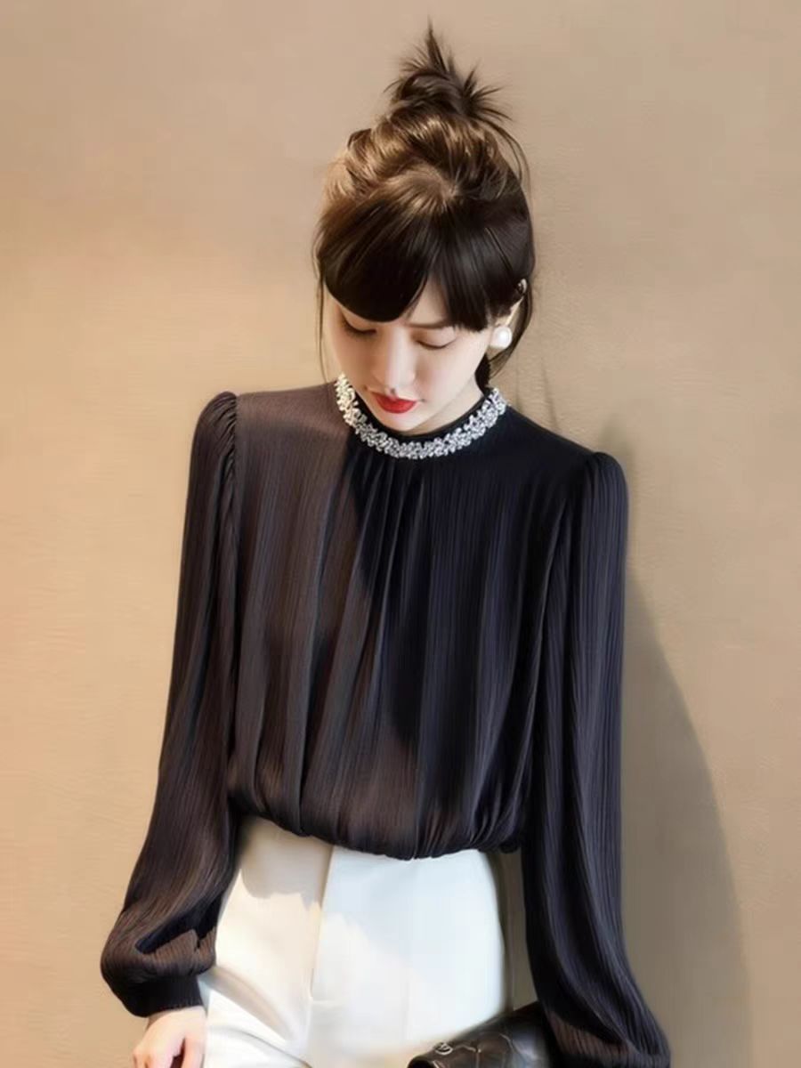 赫本風法式小眾上衣女2026春超好看獨特漂亮氣質高端黑色長袖襯衫