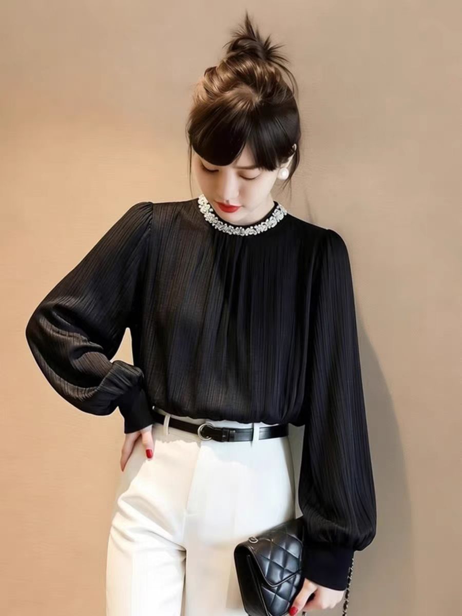 赫本風法式小眾上衣女2026春超好看獨特漂亮氣質高端黑色長袖襯衫