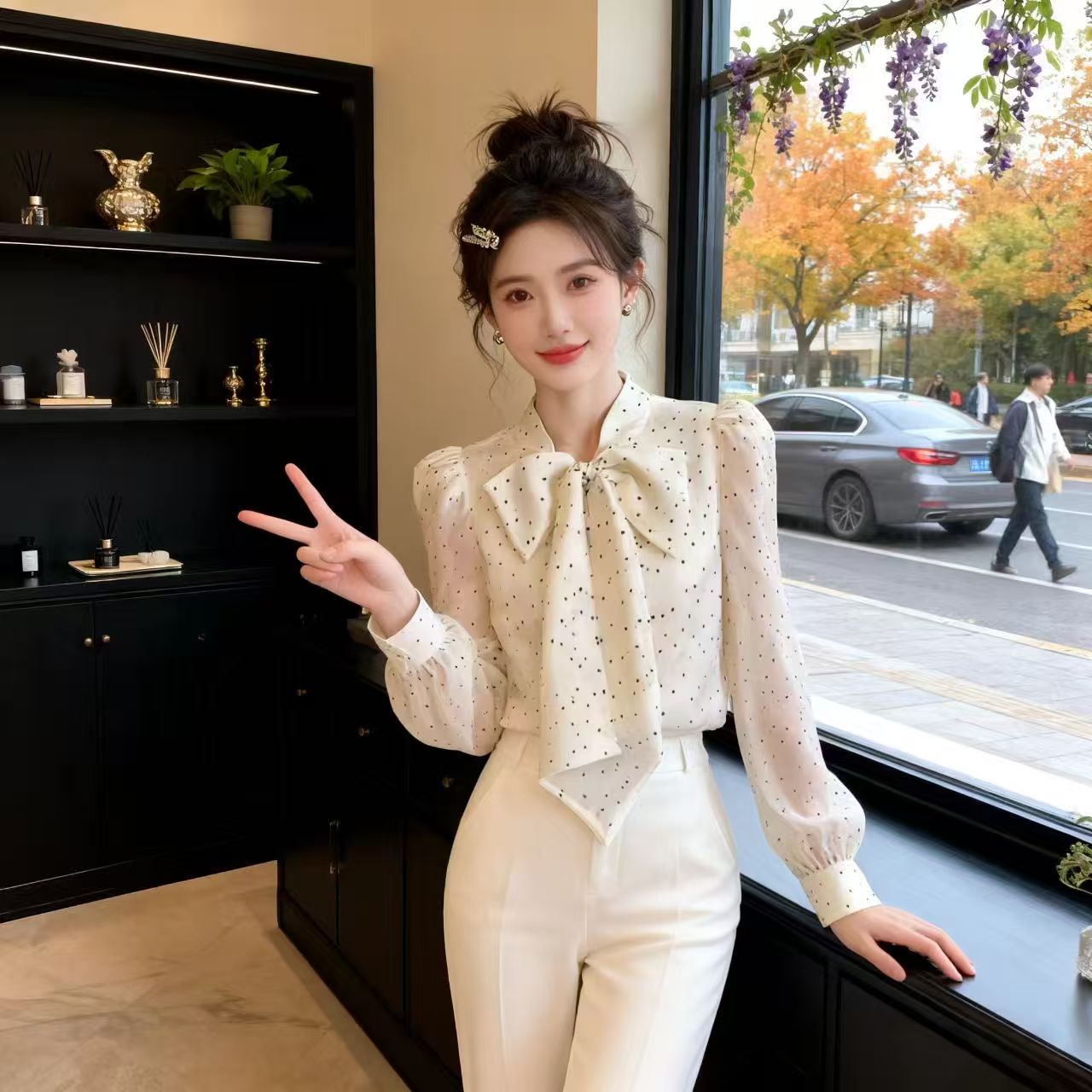 超好看法式白色波點蝴蝶結襯衫上衣女2026新款春季高級感通勤襯衣