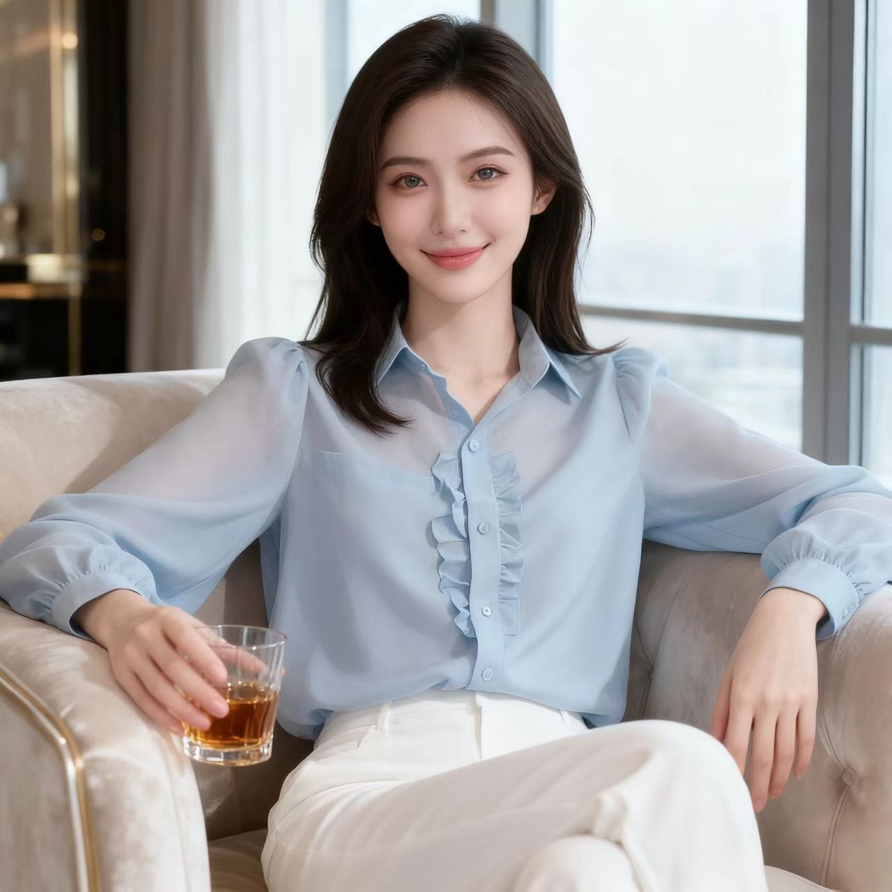 藍色長袖襯衫春裝女款新款氣質小衫爆款法式高級感上衣