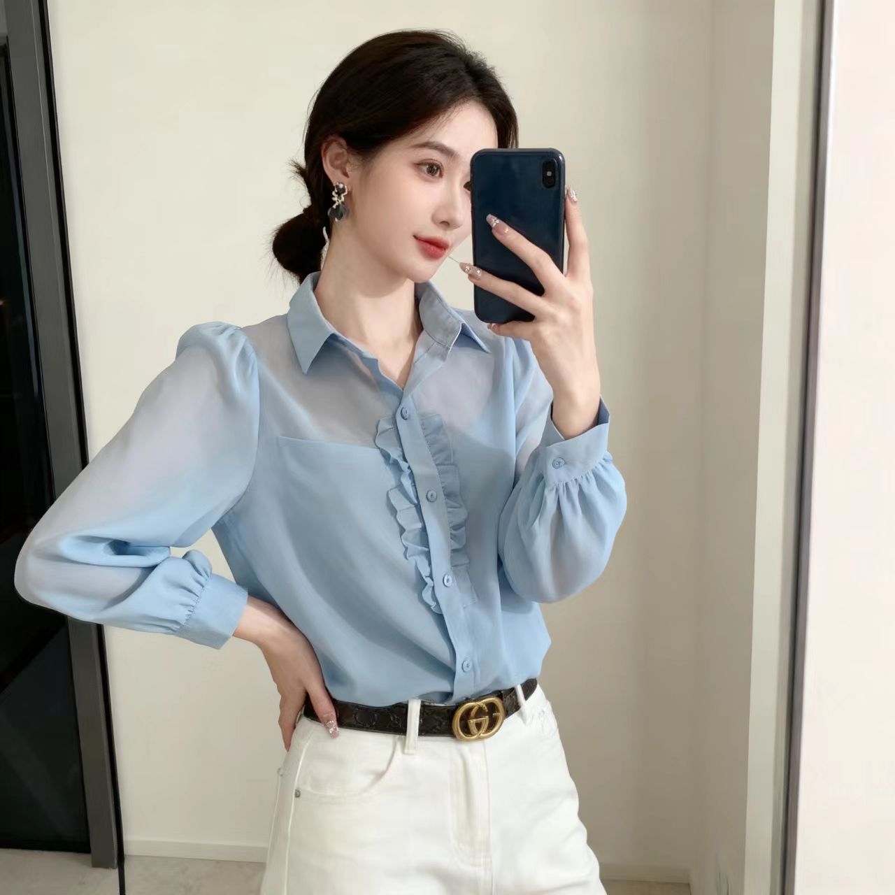 藍色長袖襯衫春裝女款新款氣質小衫爆款法式高級感上衣