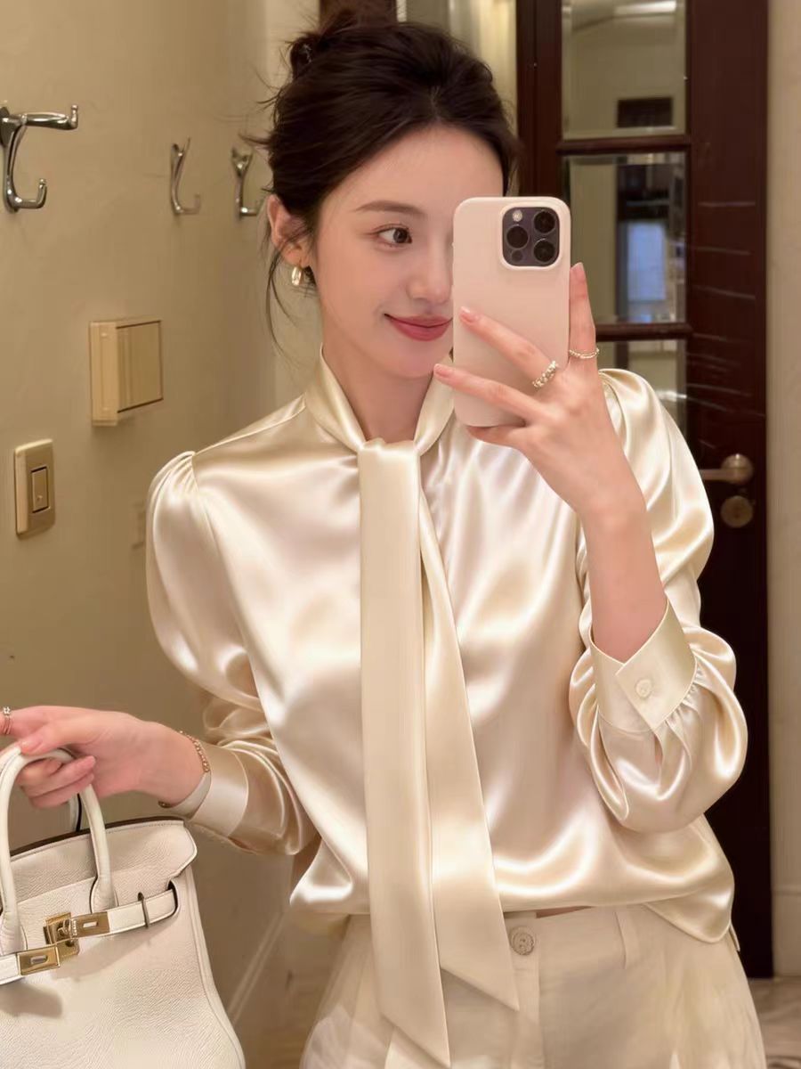 法式氣質白色蝴蝶結雪紡襯衫女2026春季新款立體花朵系帶洋氣上衣