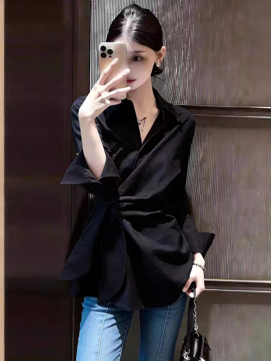 黑色側邊收腰系帶設計感襯衫2026春季女裝新款翻領日常通勤上衣潮