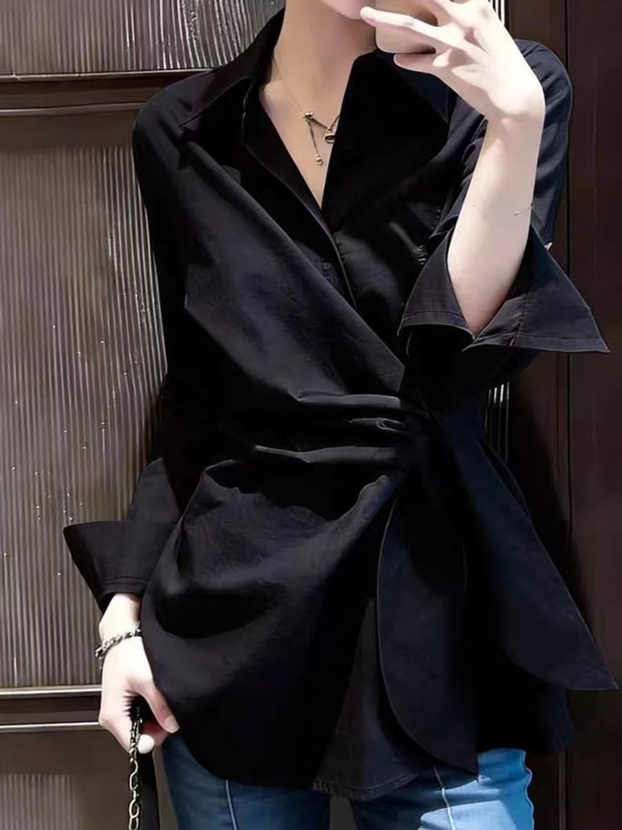 黑色側邊收腰系帶設計感襯衫2026春季女裝新款翻領日常通勤上衣潮