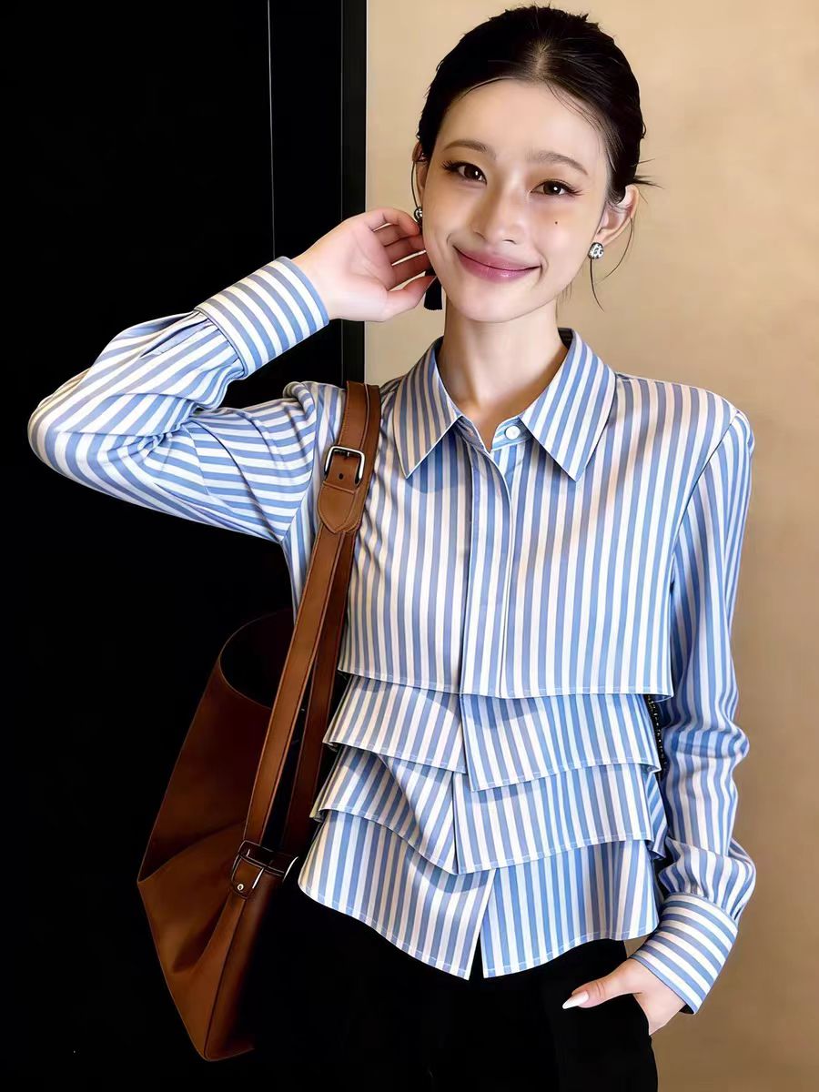藍色polo領條紋荷葉邊下擺襯衣襯衫2026春季小眾獨特設計感上衣女