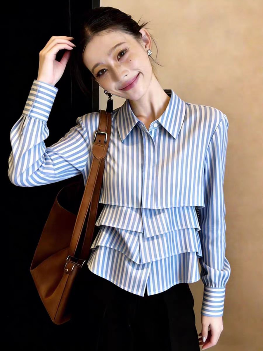 藍色polo領條紋荷葉邊下擺襯衣襯衫2026春季小眾獨特設計感上衣女