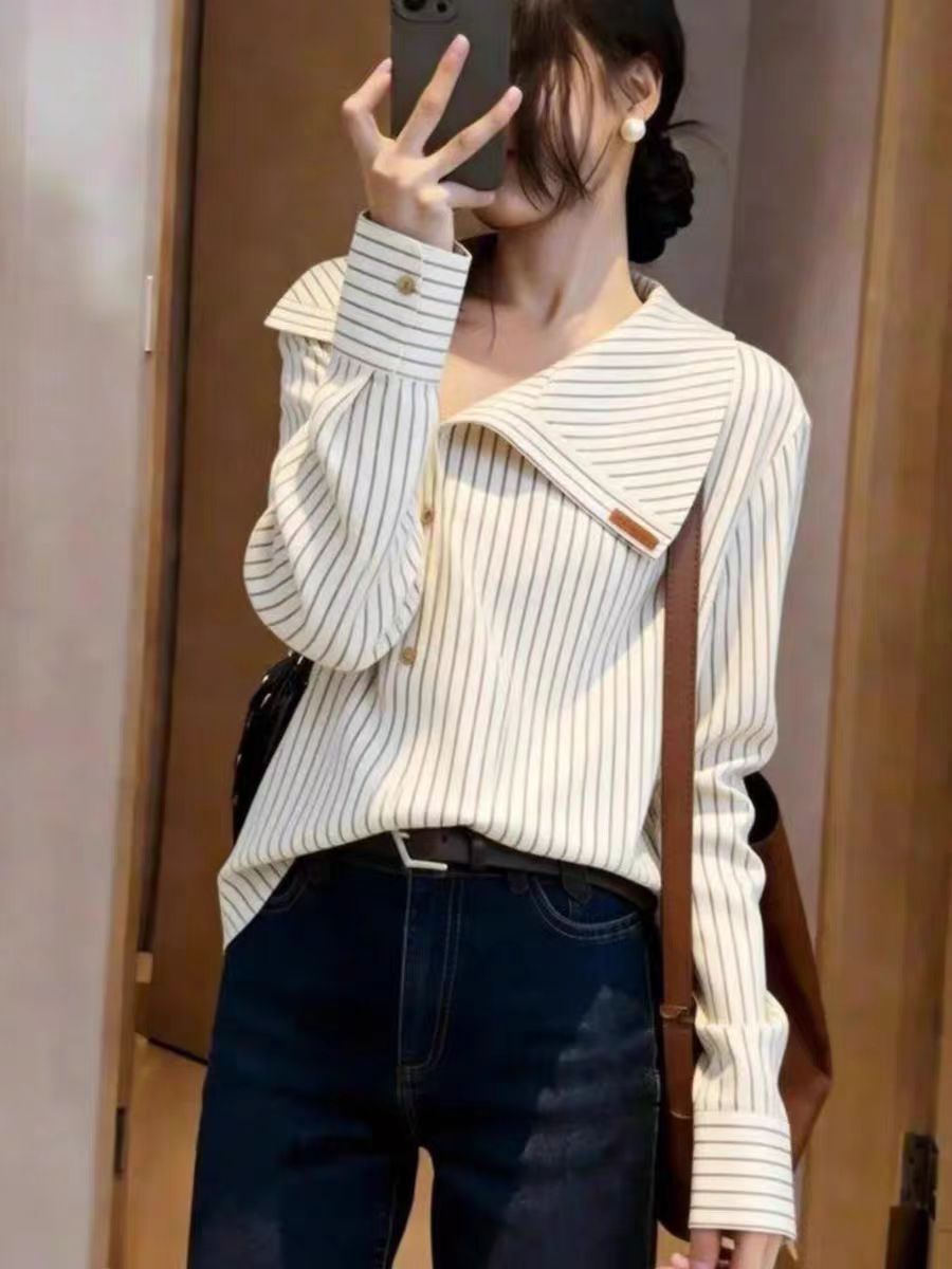 不規則翻領條紋襯衫女氣質長袖襯衣2026新款春秋洋氣通勤顯瘦上衣