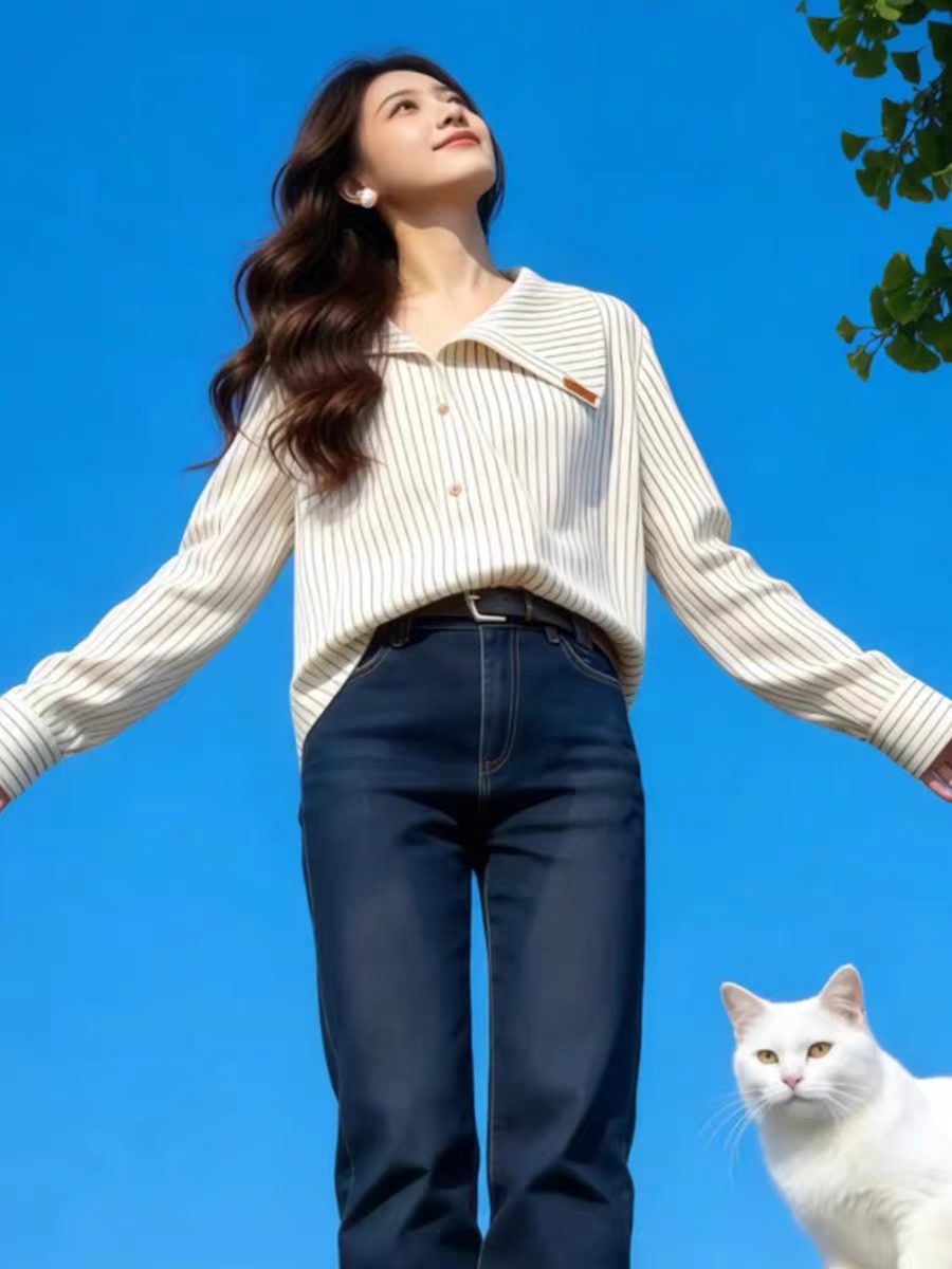 不規則翻領條紋襯衫女氣質長袖襯衣2026新款春秋洋氣通勤顯瘦上衣