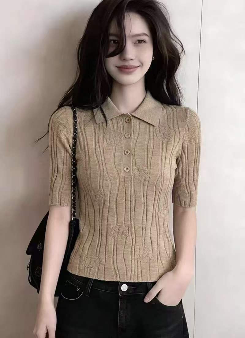 RY3749# 驼色翻领轻熟风打底衫女2025秋季新款时尚设计感小众百搭显瘦上衣