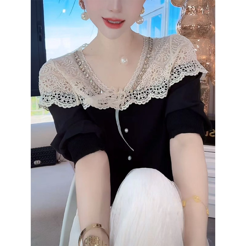 MY14617# 法式气质蕾丝拼接针织衫新款时尚重工镶钻镂空v领上衣女裝貨源服裝批發