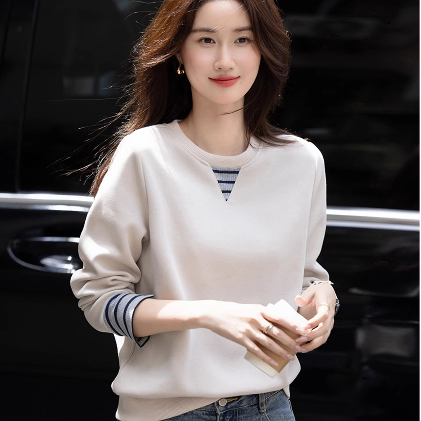 MY14614# 慵懒风宽松藏肉舒适上衣时髦罗纹撞色袖口卫衣女女裝貨源服裝...