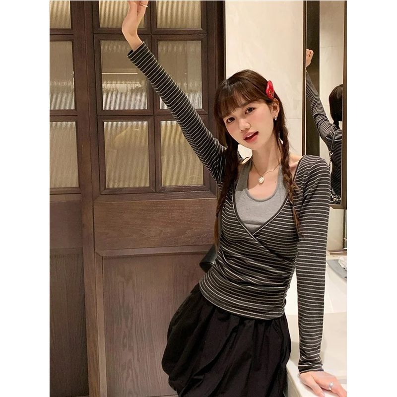 MY14610# 原版面料假两件上衣甜辣妹T恤女女裝貨源服裝批發