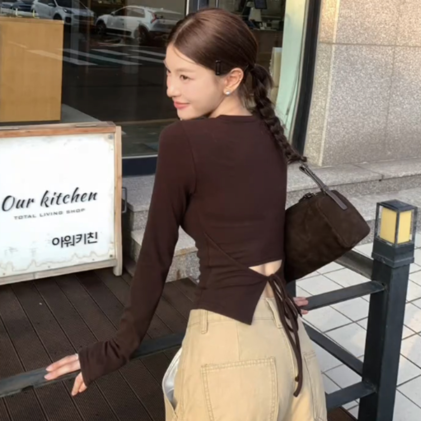 MY14609# 仿棉螺纹 辣妹长袖打底衫t恤女秋设计感露腰内搭小上衣女裝貨源服裝批發