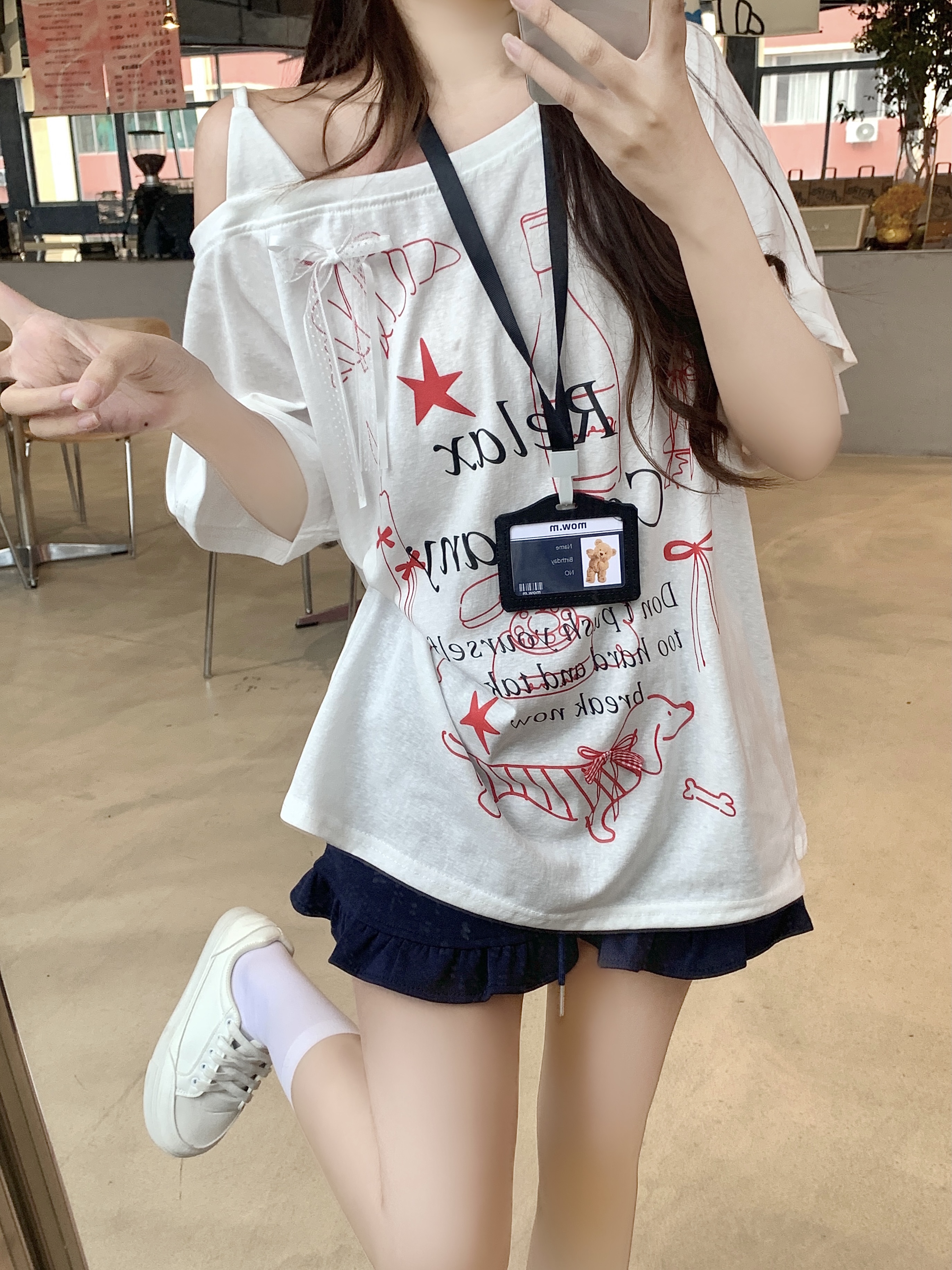 FA36544# 印花慵懒风T恤女装夏季薄款宽松防晒罩衫显瘦花边短裤两件套 服裝批發女裝批發服飾貨源