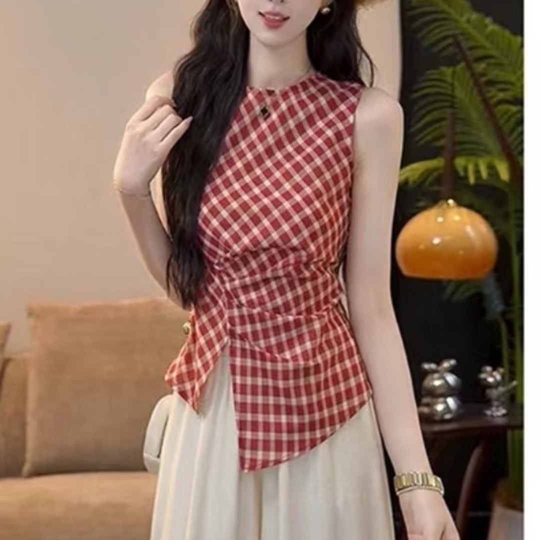 MY7860# 红格绮梦 夏季新款红色格子设计感显瘦衬衫女背心吊带女裝貨源服裝批發