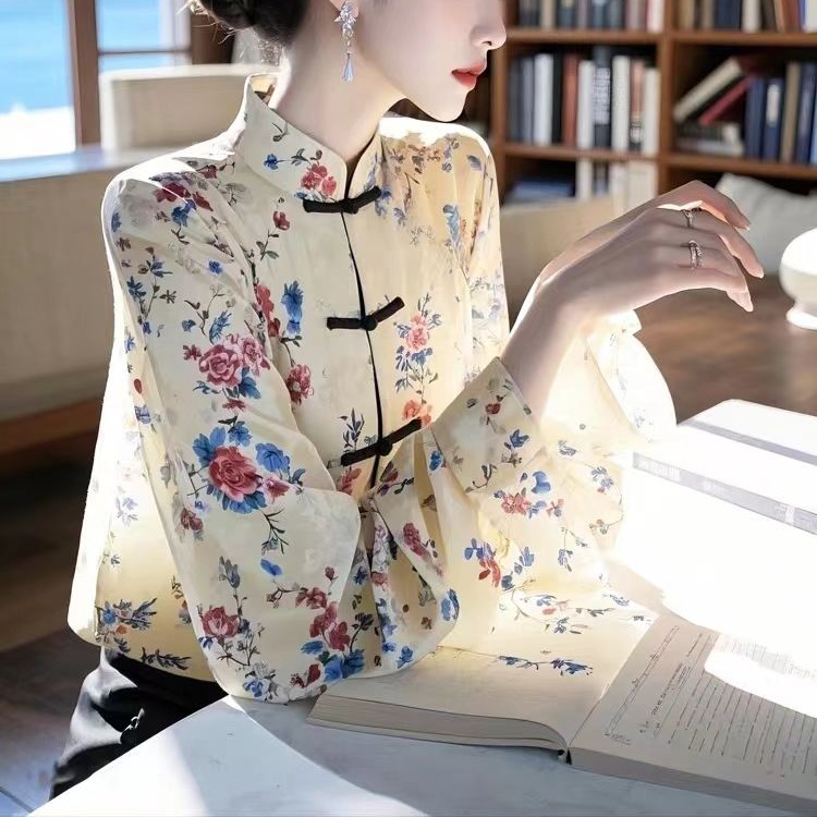 MY16387# 新款小衫新中式国风杏色碎花衬衫女长袖上衣女裝貨源服裝批發