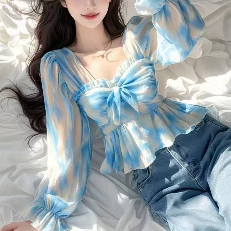 MY12979# 新款法式方领雪纺衫女小众设计感长袖修身上衣女裝貨源服裝批...