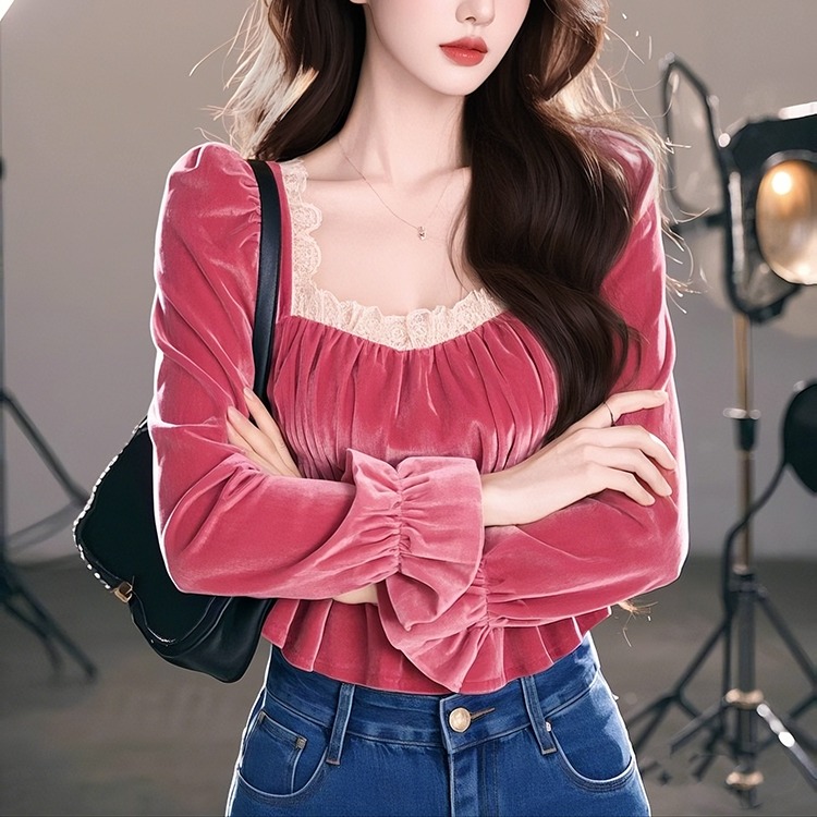 MY15007# 新款韩系chic气质上衣玫粉色蕾丝边丝绒长袖衬衫女女裝貨源服裝批發