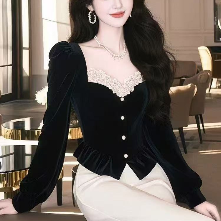 MY15005# 新款洋气长袖上衣高级感冷淡系黑色丝绒衬衫女女裝貨源服裝批發