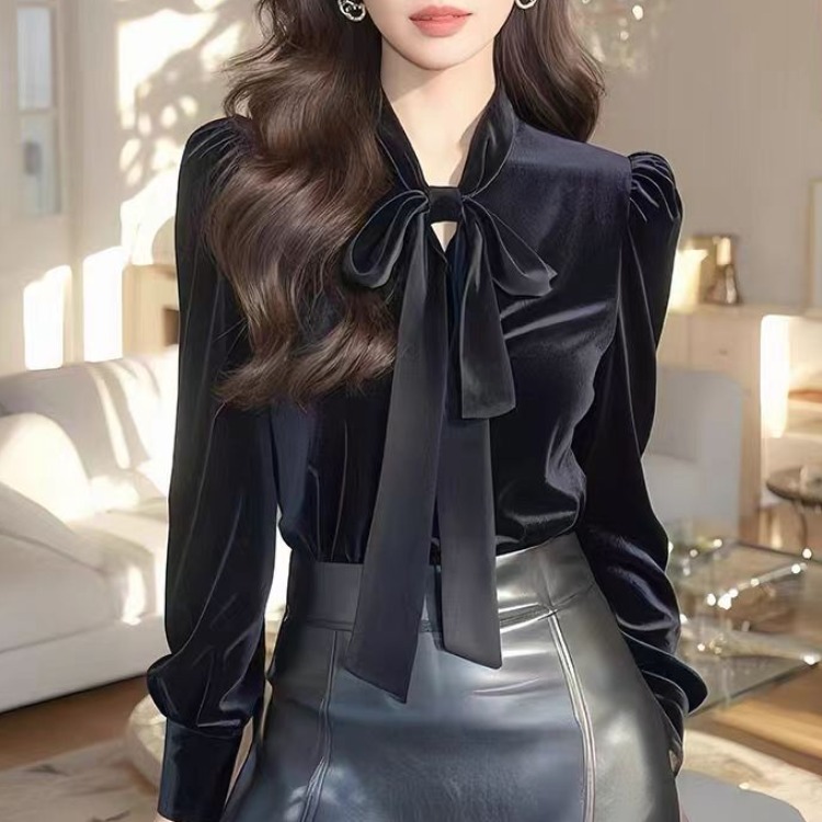 MY14789# 黑色长袖衬衫女新款内搭高级感衬衫法式泡泡袖上衣女裝貨源服裝批發