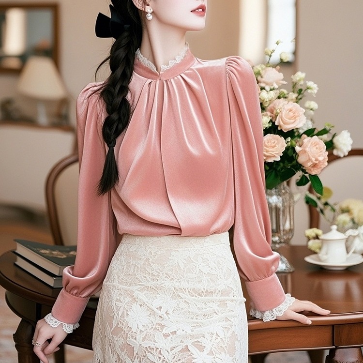 MY15006# 新款独特设计感小众上衣气质高级感粉色丝绒衬衫女女裝貨源服裝批發