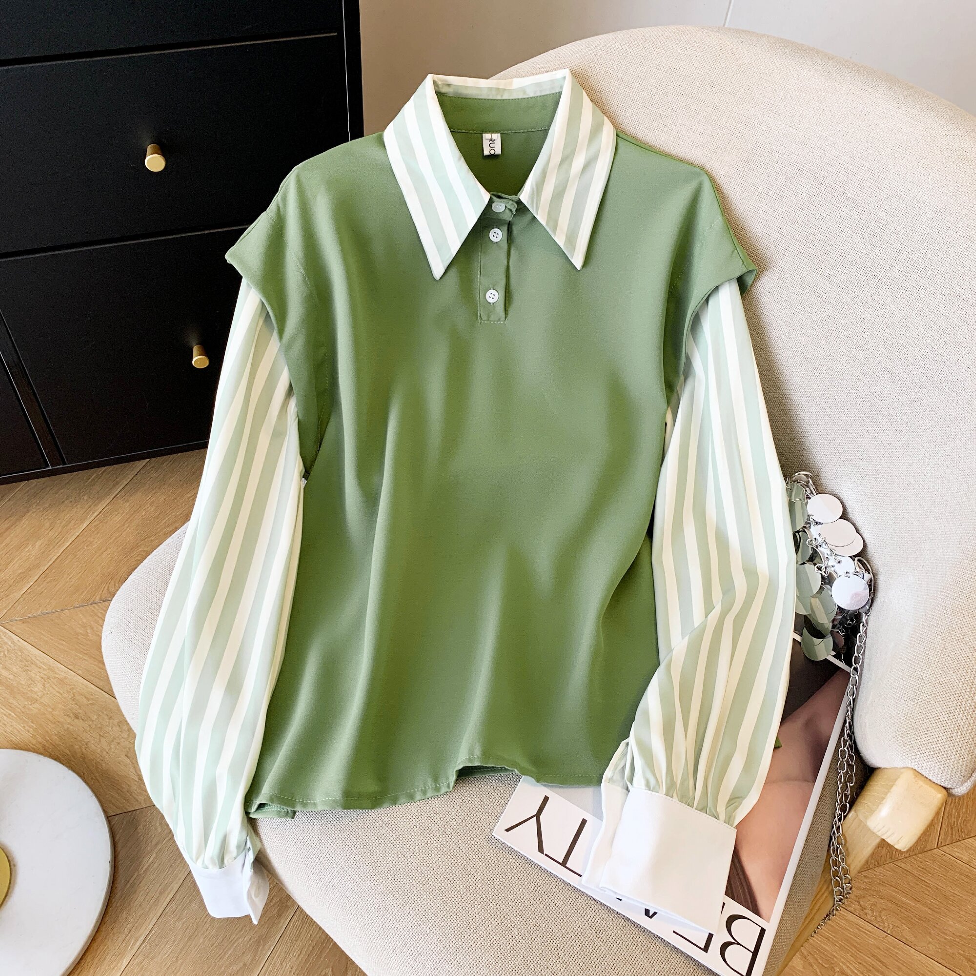 MY16397# 绿色条纹假两件衬衫新款高级感长袖衬衣女裝貨源服裝批發