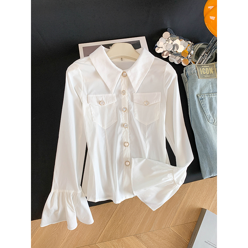 MY13432# 法式白色长袖衬衫新款独特漂亮喇叭袖上衣女裝貨源服裝批發