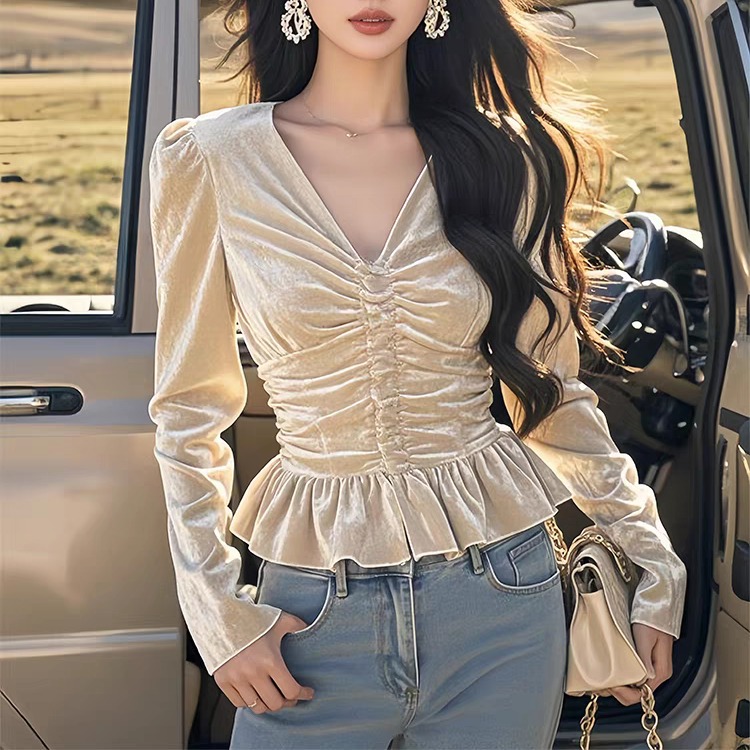 MY14783# 长袖衬衫女新款v领内搭高级感衬衣法式收腰丝绒上衣女裝貨源...